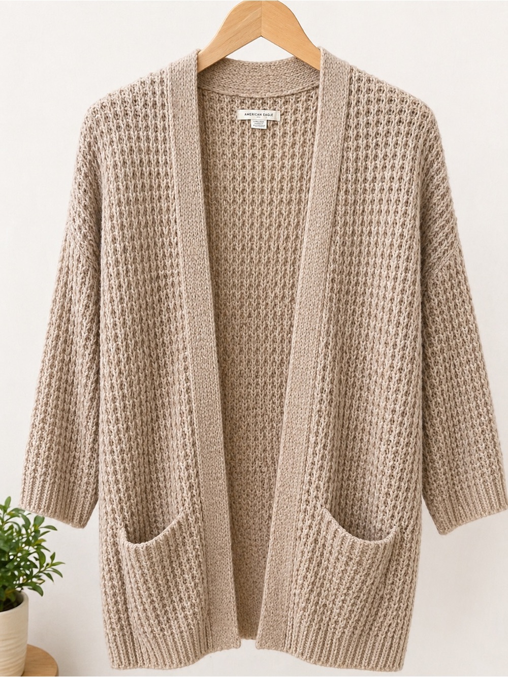 American Eagle Outfitters Taupe Waffle Knit Open Cardigan